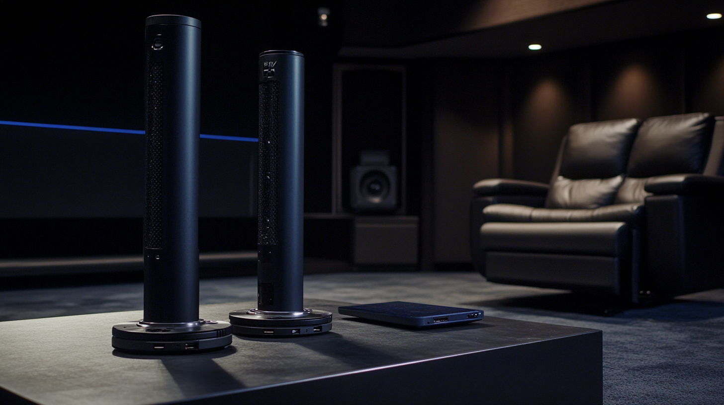 EMP fan towers in a dark home theater room